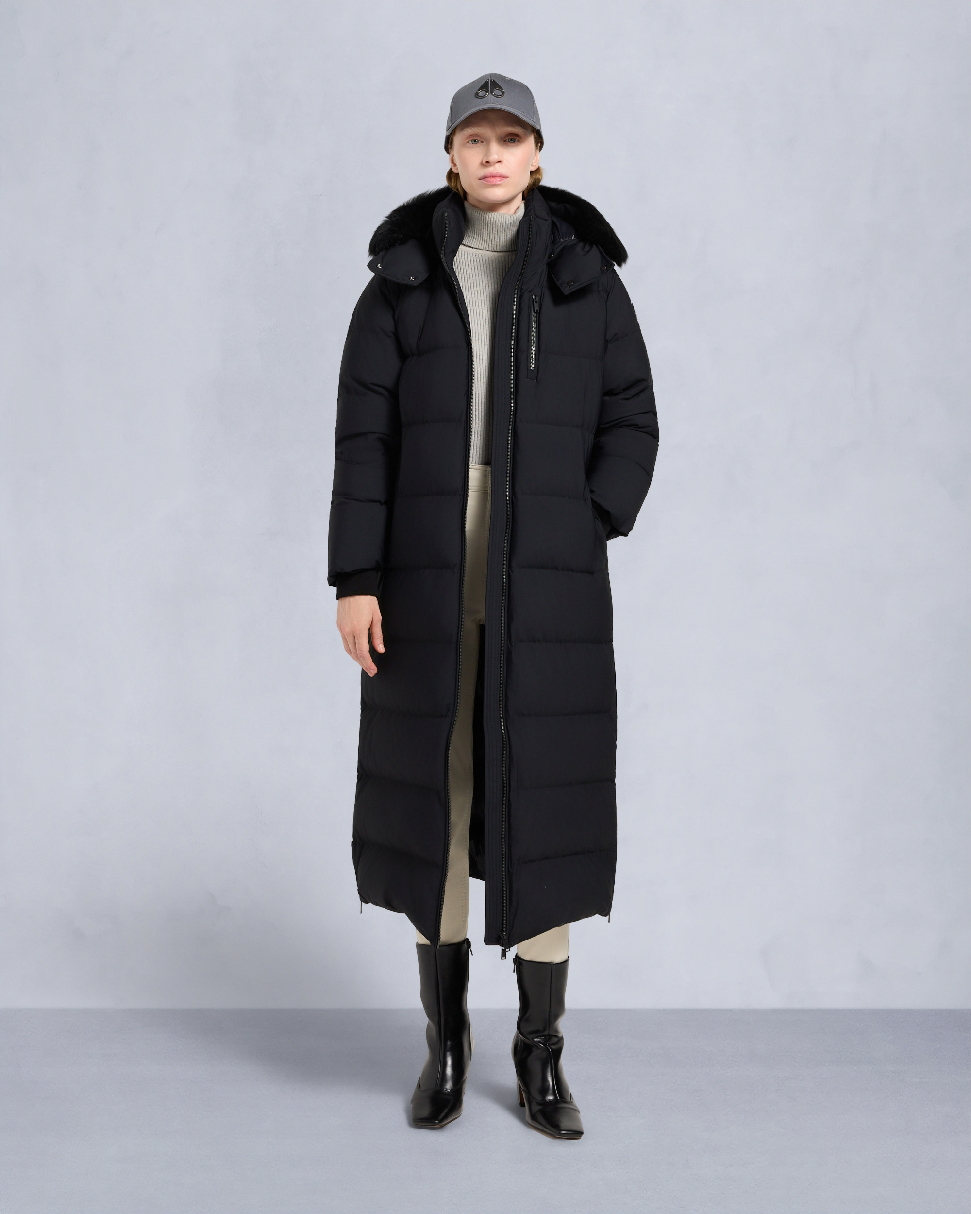 NYLUXE CHELIA SHEARLING TRIM PARKA-BLACK/BLACK
