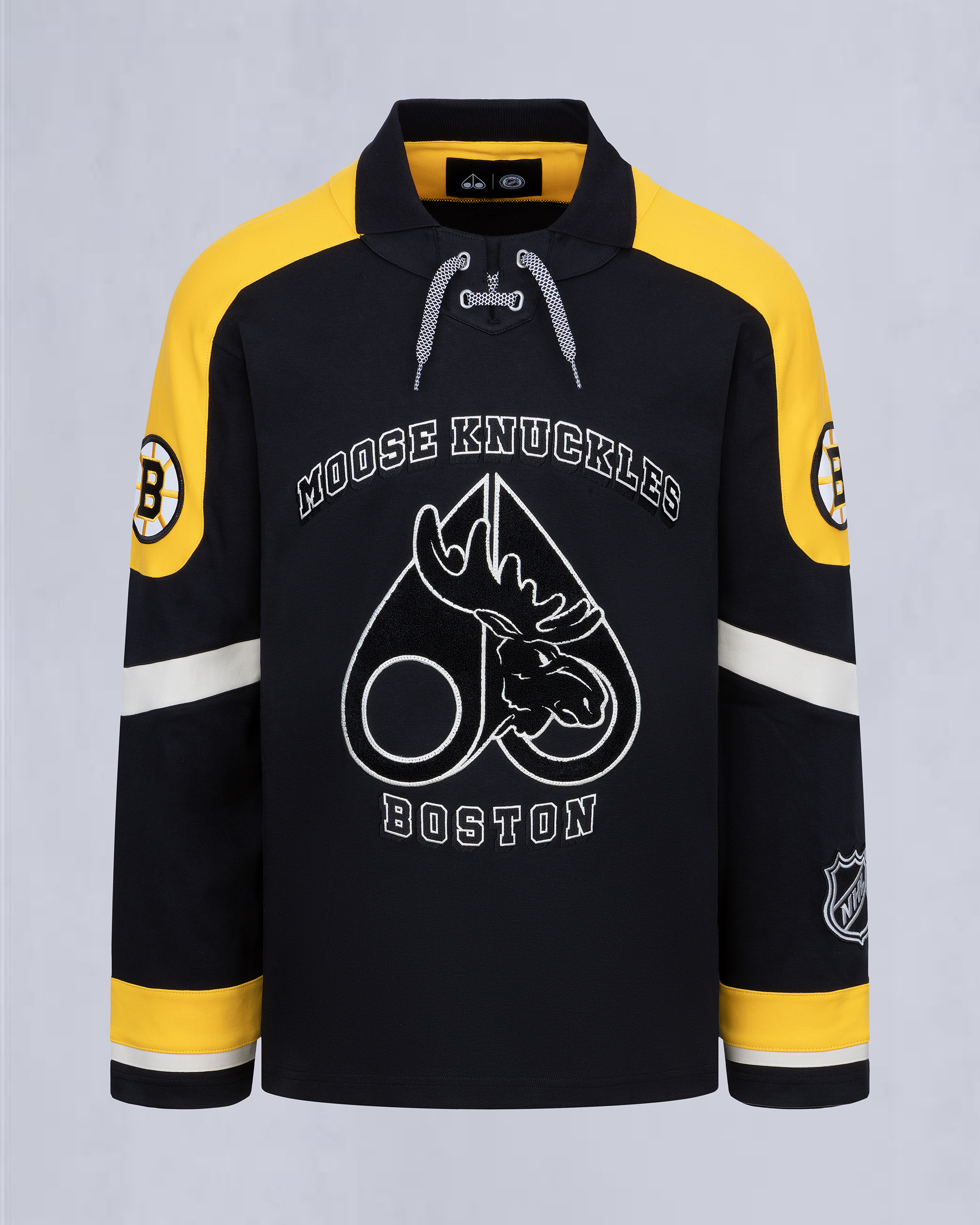 NHL X MOOSE KNUCKLES BRUINS POLO-BLACK/YELLOW/BONE
