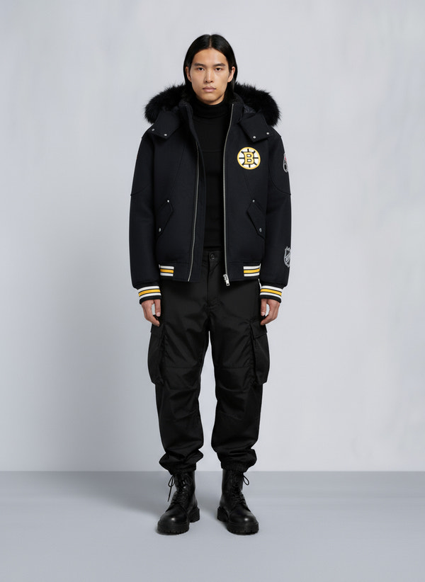 NHL X MOOSE KNUCKLES BRUINS BOMBER JACKET-BLACK/BONE/BONE