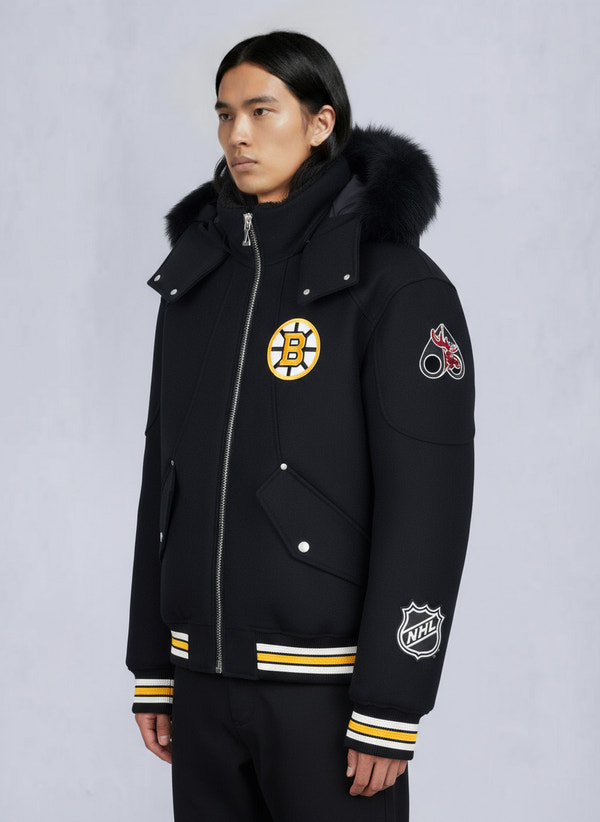 NHL X MOOSE KNUCKLES BRUINS BOMBER JACKET-BLACK/BONE/BONE