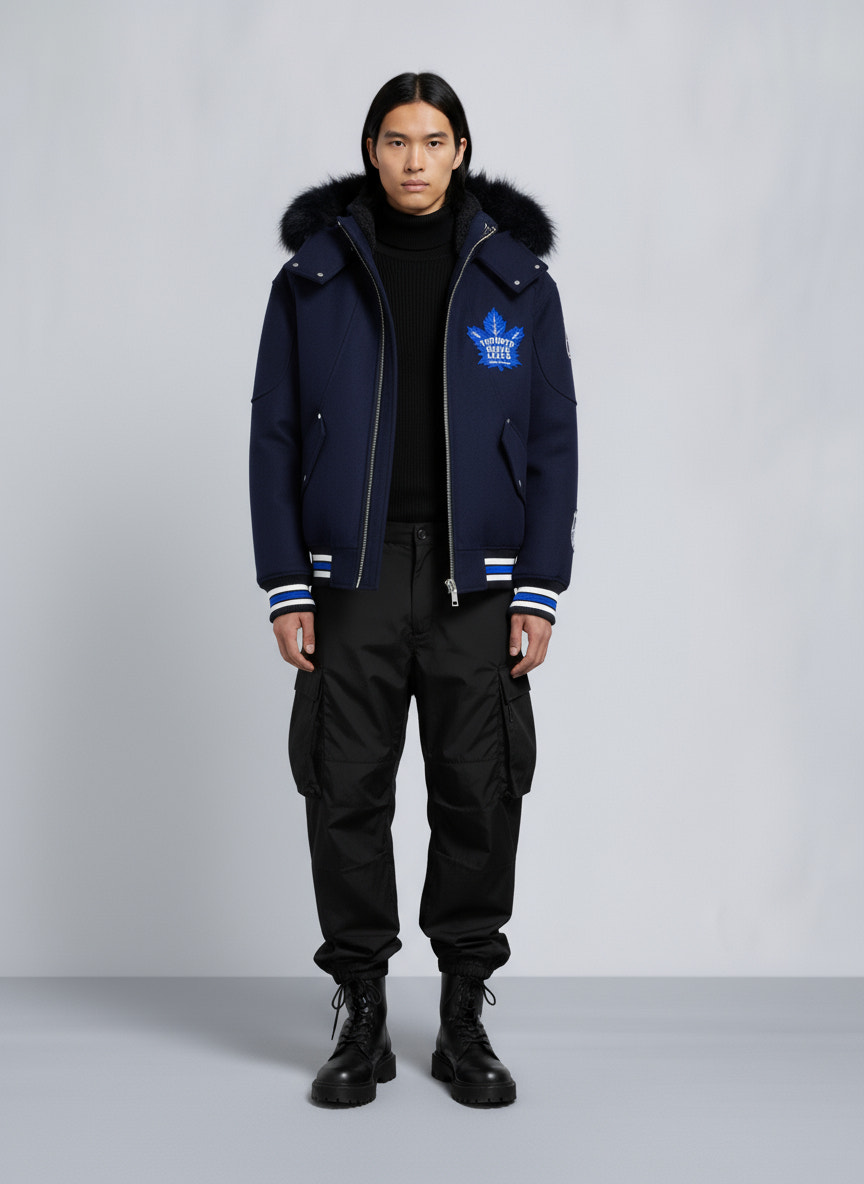 NHL X MOOSE KNUCKLES MAPLE LEAFS BOMBER JACKET-NAVY/BLUE/BONE/BLACK