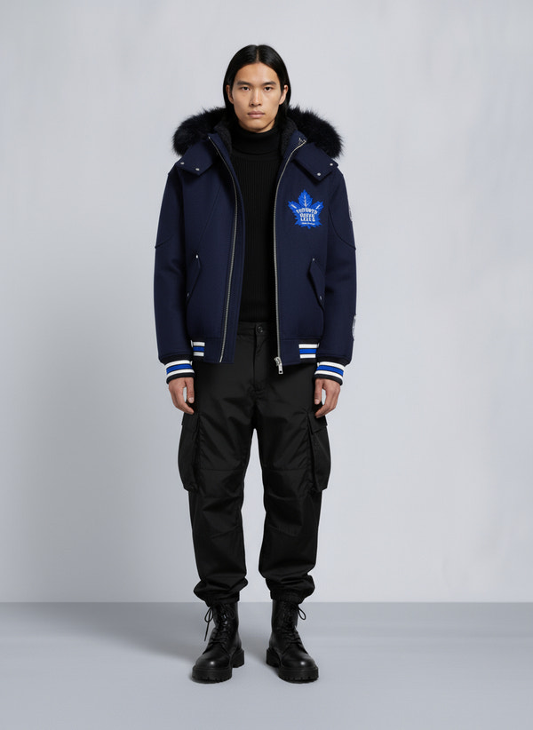 NHL X MOOSE KNUCKLES MAPLE LEAFS BOMBER JACKET-NAVY/BLUE/BONE/BLACK