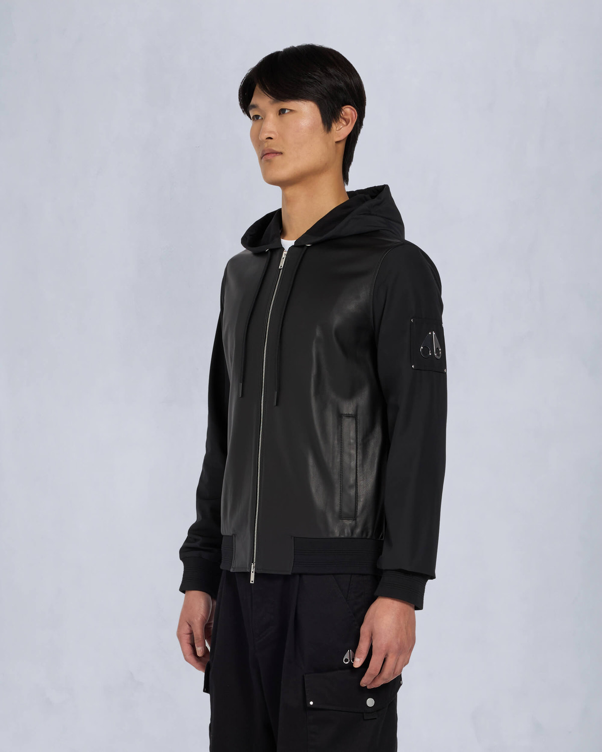 Moose Knuckles Mens Rufus MixMedia Leather Jacket Black / Shiny Black M15MB007 Front