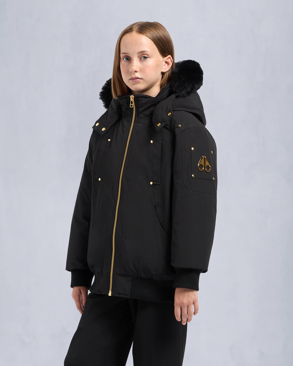 Moose Knuckles - M32UB035GS - Kids Unisex Gold Series Bomber Jacket - KIDS - Black / Black Shearling - Front