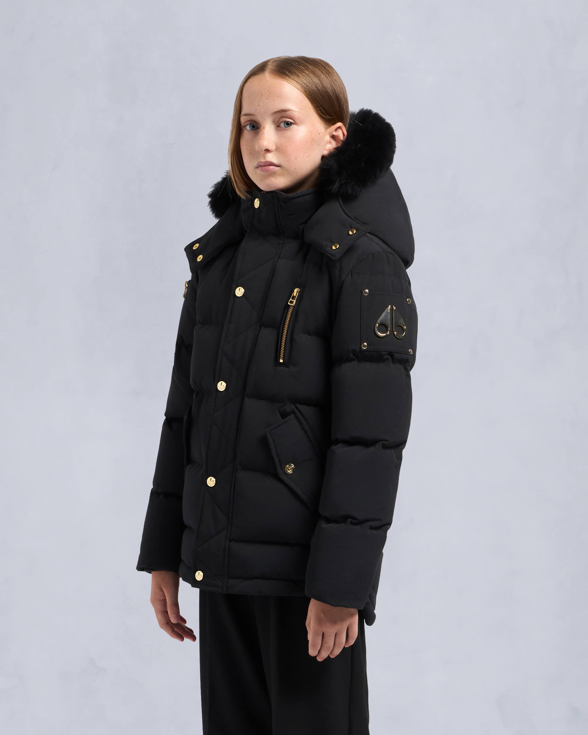 Moose Knuckles - M32UJ193GS - Kids Gold Series Unisex Shearling 3Q Jacket - KIDS - Black / Black Shearling - Front