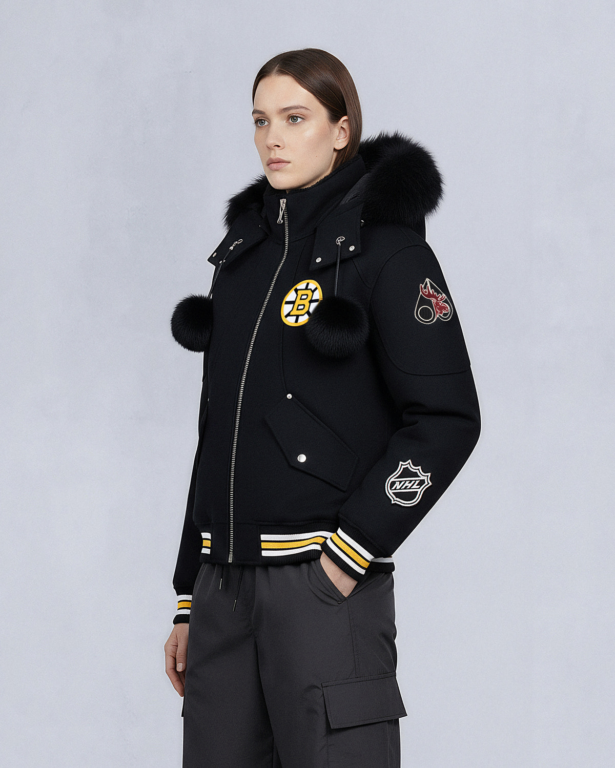 NHL X MOOSE KNUCKLES BRUINS BOMBER JACKET-BLACK/BONE/BONE