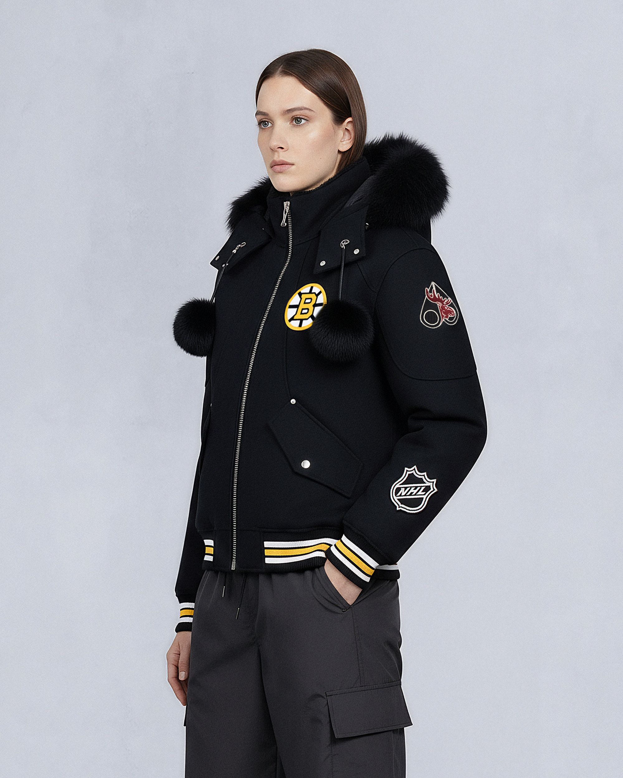 NHL X MOOSE KNUCKLES BRUINS BOMBER JACKET-BLACK/BONE/BONE