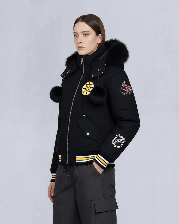 NHL X MOOSE KNUCKLES BRUINS BOMBER JACKET-BLACK/BONE/BONE