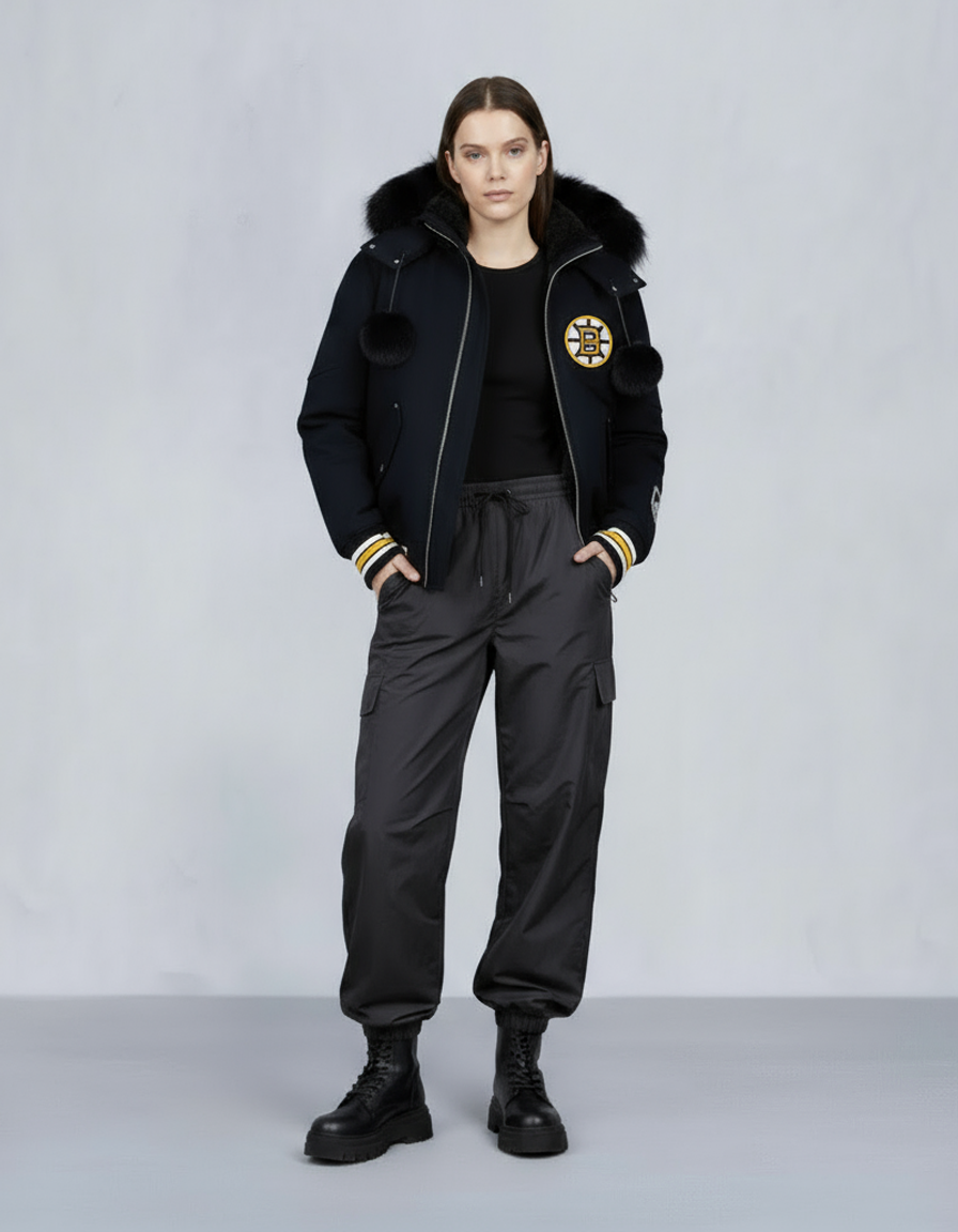 NHL X MOOSE KNUCKLES BRUINS BOMBER JACKET-BLACK/BONE/BONE