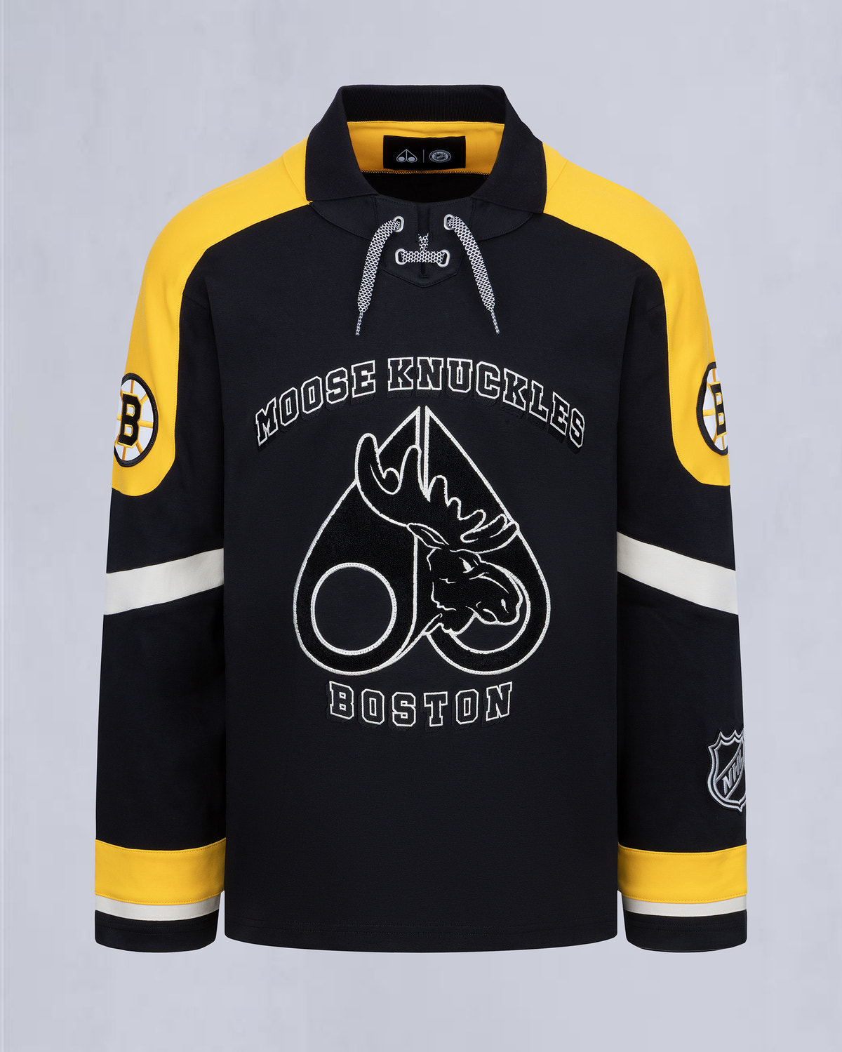 NHL X MOOSE KNUCKLES BRUINS POLO-BLACK/YELLOW/BONE