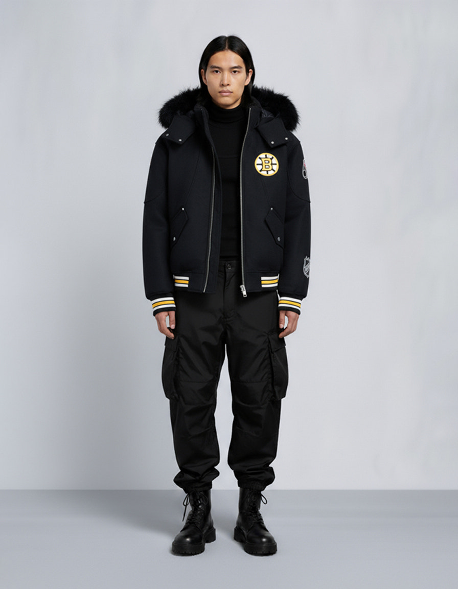 NHL X MOOSE KNUCKLES BRUINS BOMBER JACKET-BLACK/BONE/BONE