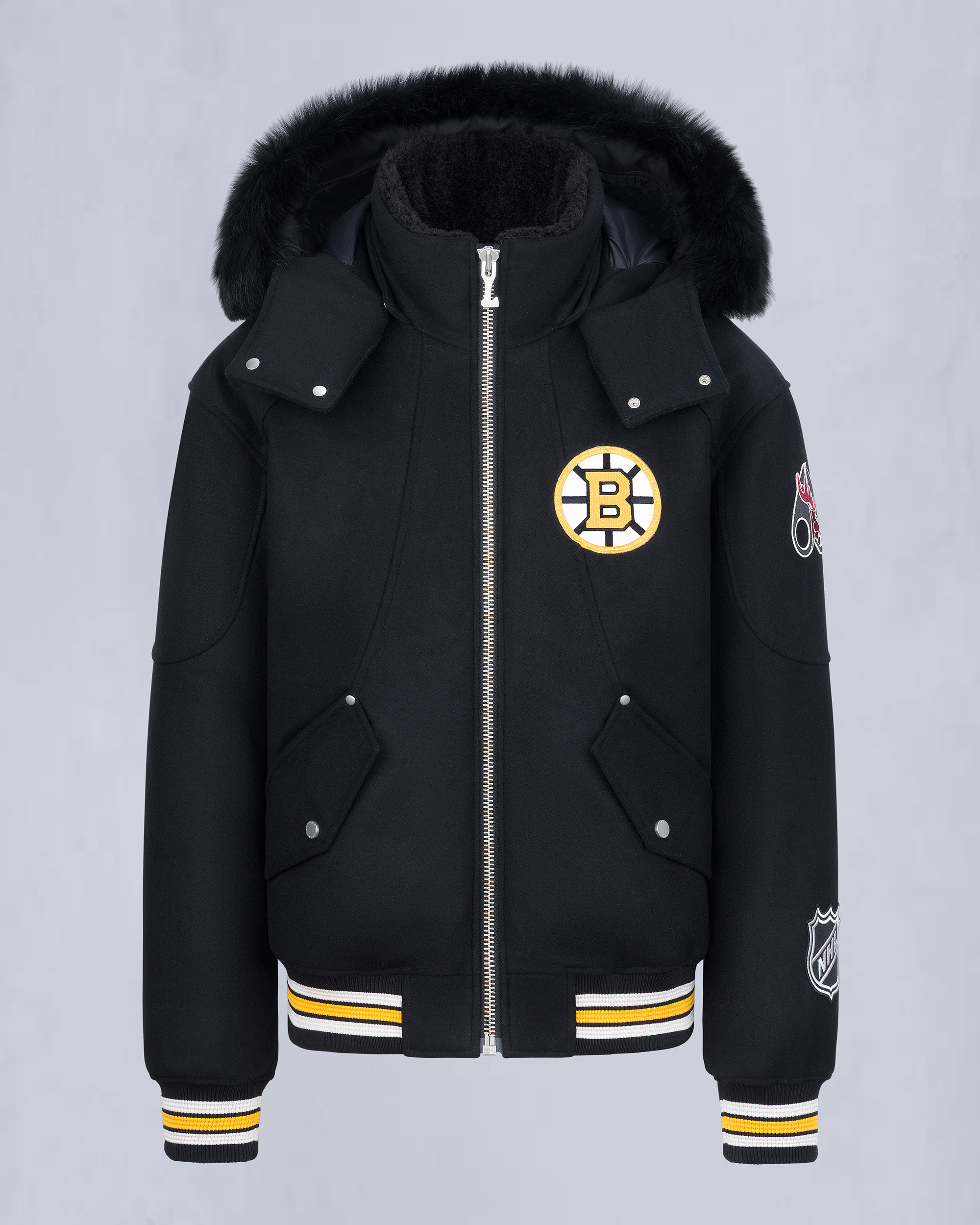 NHL X MOOSE KNUCKLES BRUINS BOMBER JACKET-BLACK/BONE/BONE