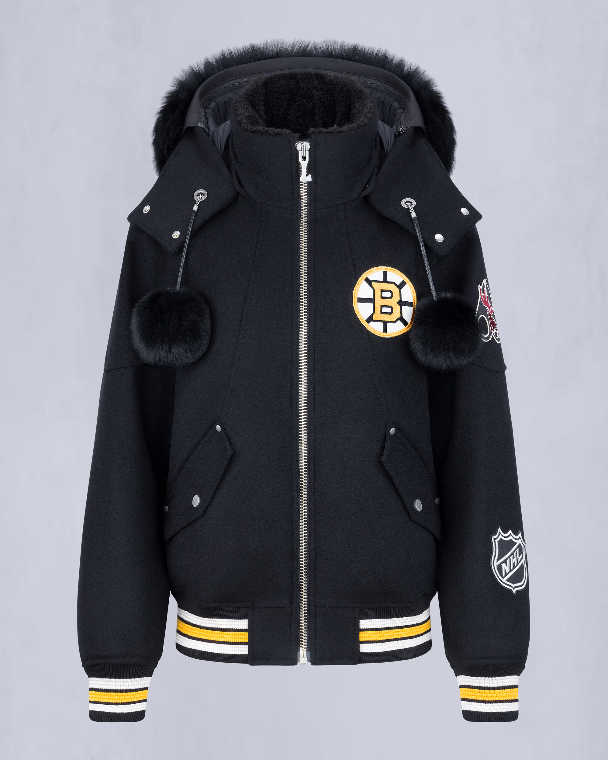 NHL X MOOSE KNUCKLES BRUINS BOMBER JACKET-BLACK/BONE/BONE