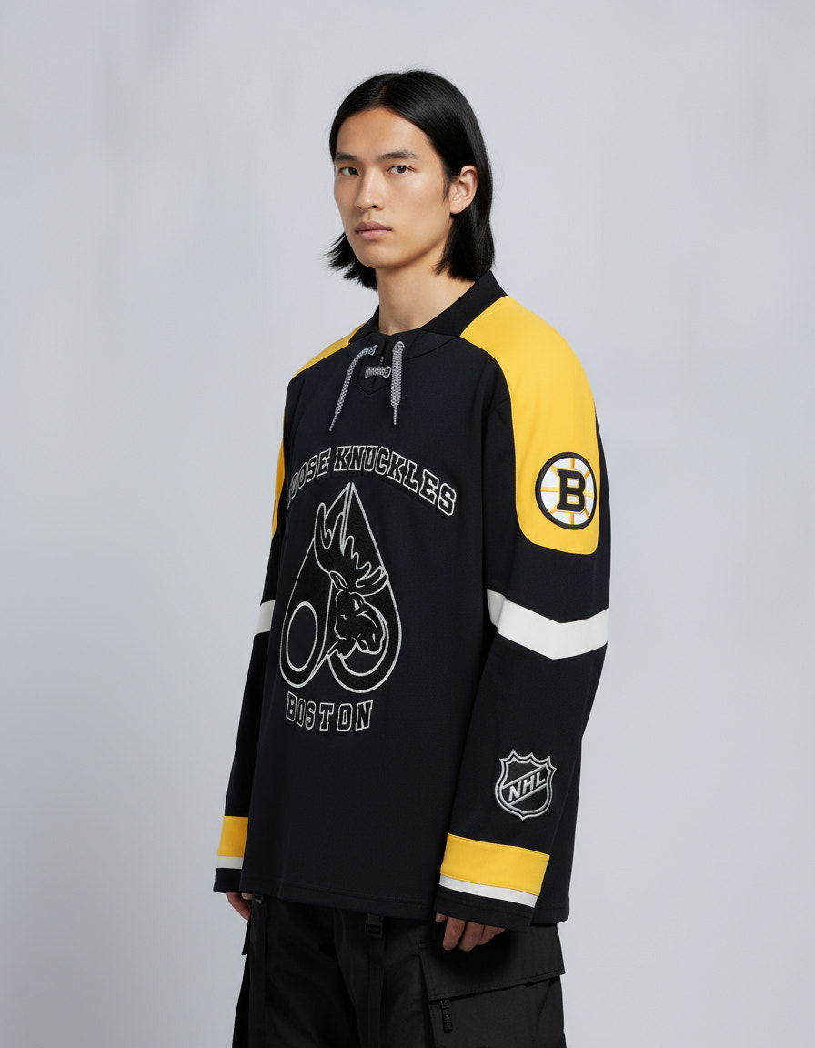 NHL X MOOSE KNUCKLES BRUINS POLO-BLACK/YELLOW/BONE