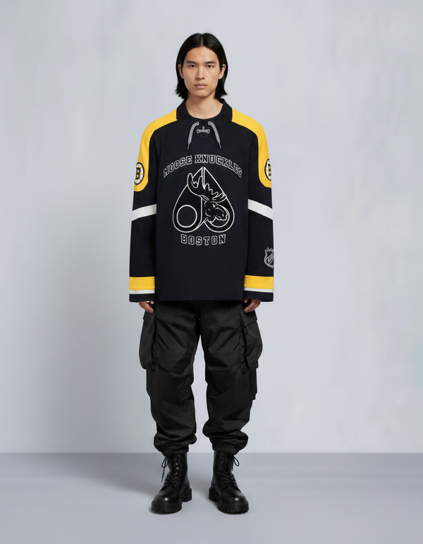 NHL X MOOSE KNUCKLES BRUINS POLO-BLACK/YELLOW/BONE