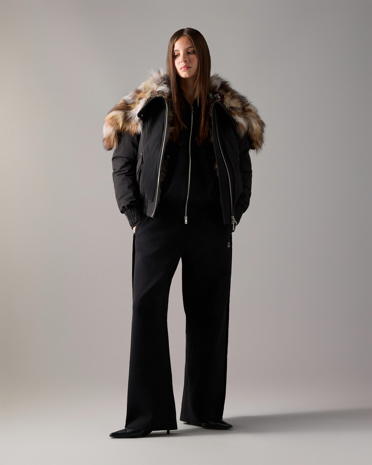 BLOUSON AVIATEUR EN DUVET ET FOURRURE PIONEER-NOIR