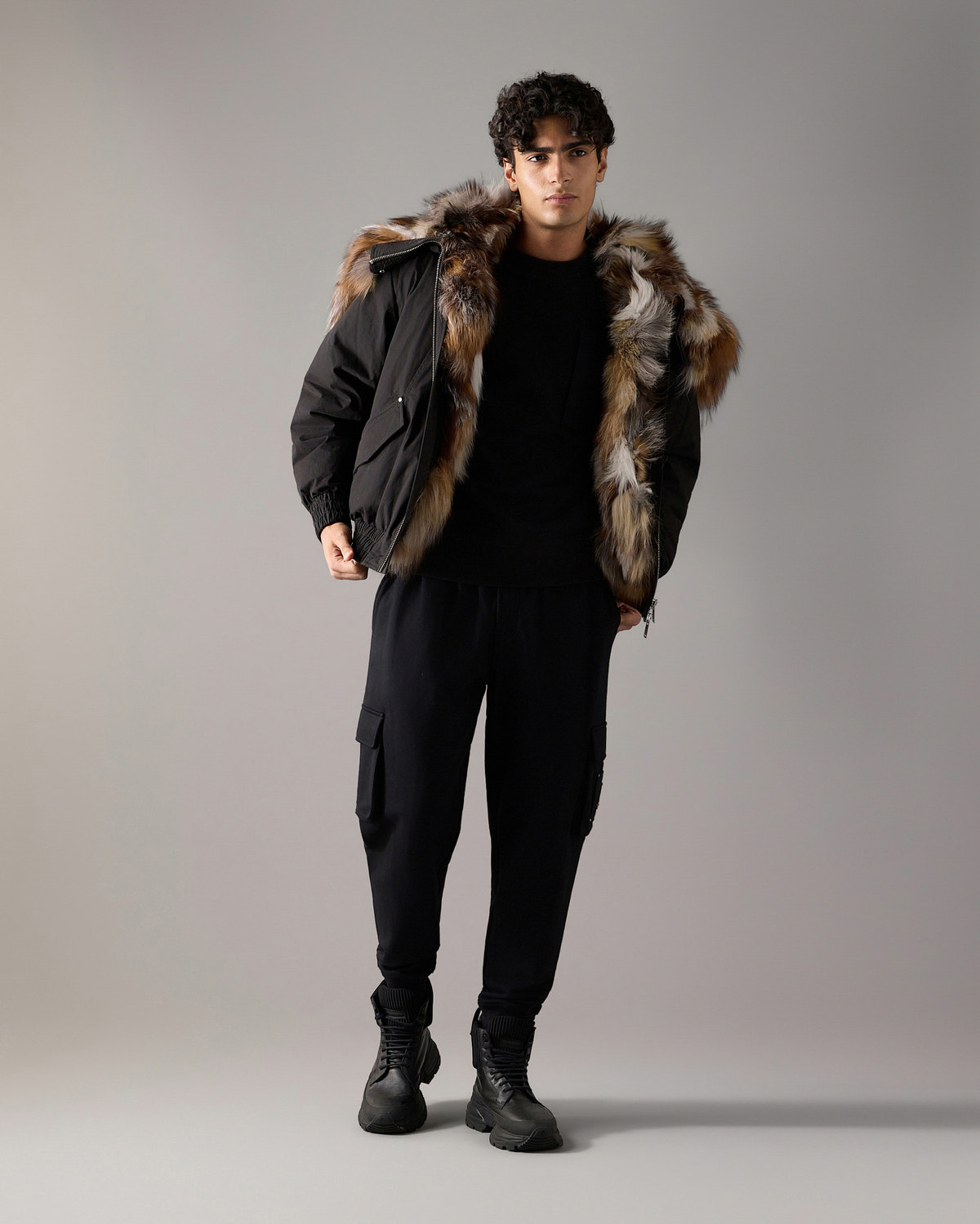 BLOUSON AVIATEUR EN DUVET ET FOURRURE PIONEER-SCHWARZ