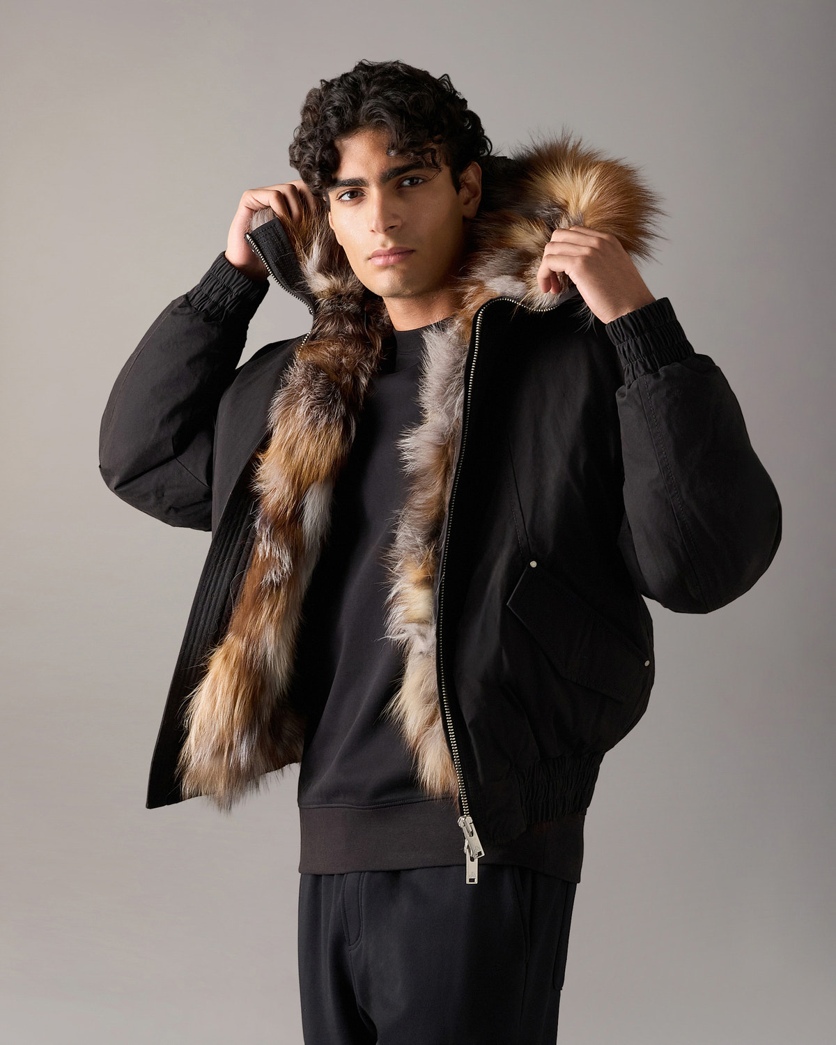 BLOUSON AVIATEUR EN DUVET ET FOURRURE PIONEER-SCHWARZ