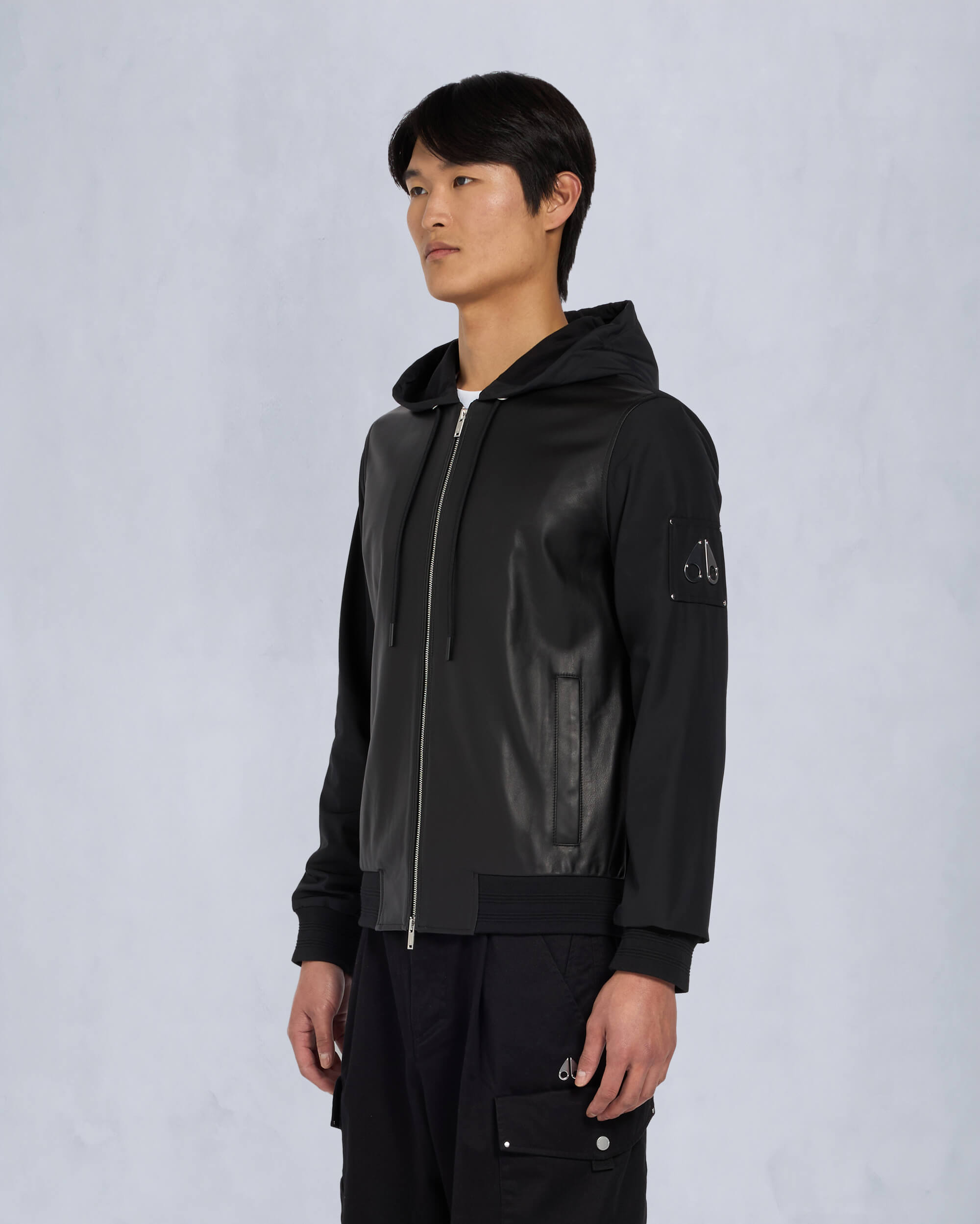 Moose Knuckles Mens Rufus MixMedia Leather Jacket Black / Shiny Black M15MB007 Front