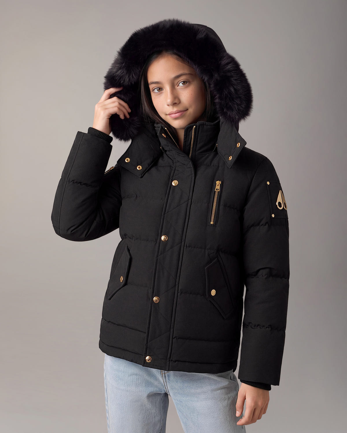 Moose Knuckles - M32UJ193GS - Kids Gold Series Original 3Q Down Jacket - KIDS - Black / Black Shearling - Detail1