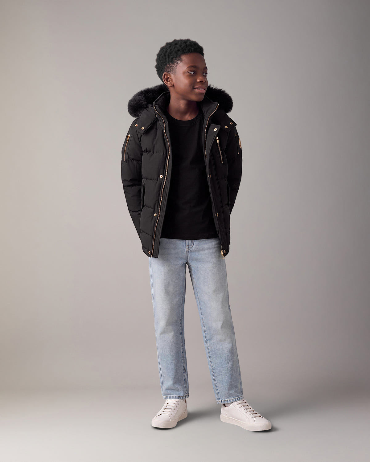 Moose Knuckles - M32UJ193GS - Kids Gold Series Original 3Q Down Jacket - KIDS - Black / Black Shearling - Front