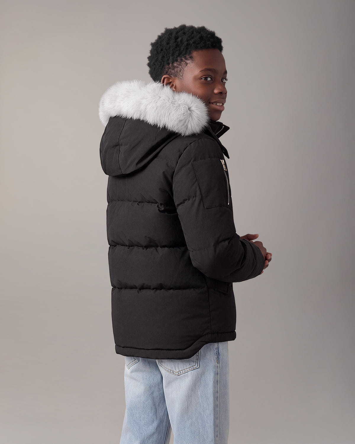 Moose Knuckles - M32UJ193S - Kids Original Down 3Q Jacket - KIDS - Black / Natural Shearling - Back