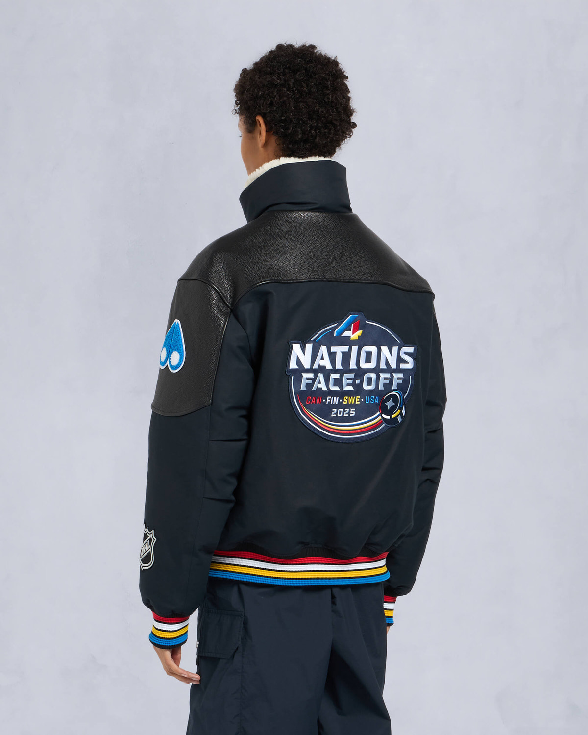 Moose Knuckles Mens MOOSE KNUCKLES x NHL 4 NATIONS FACE-OFF BOMBER JACKET NAVY FN M35MB030FN Back