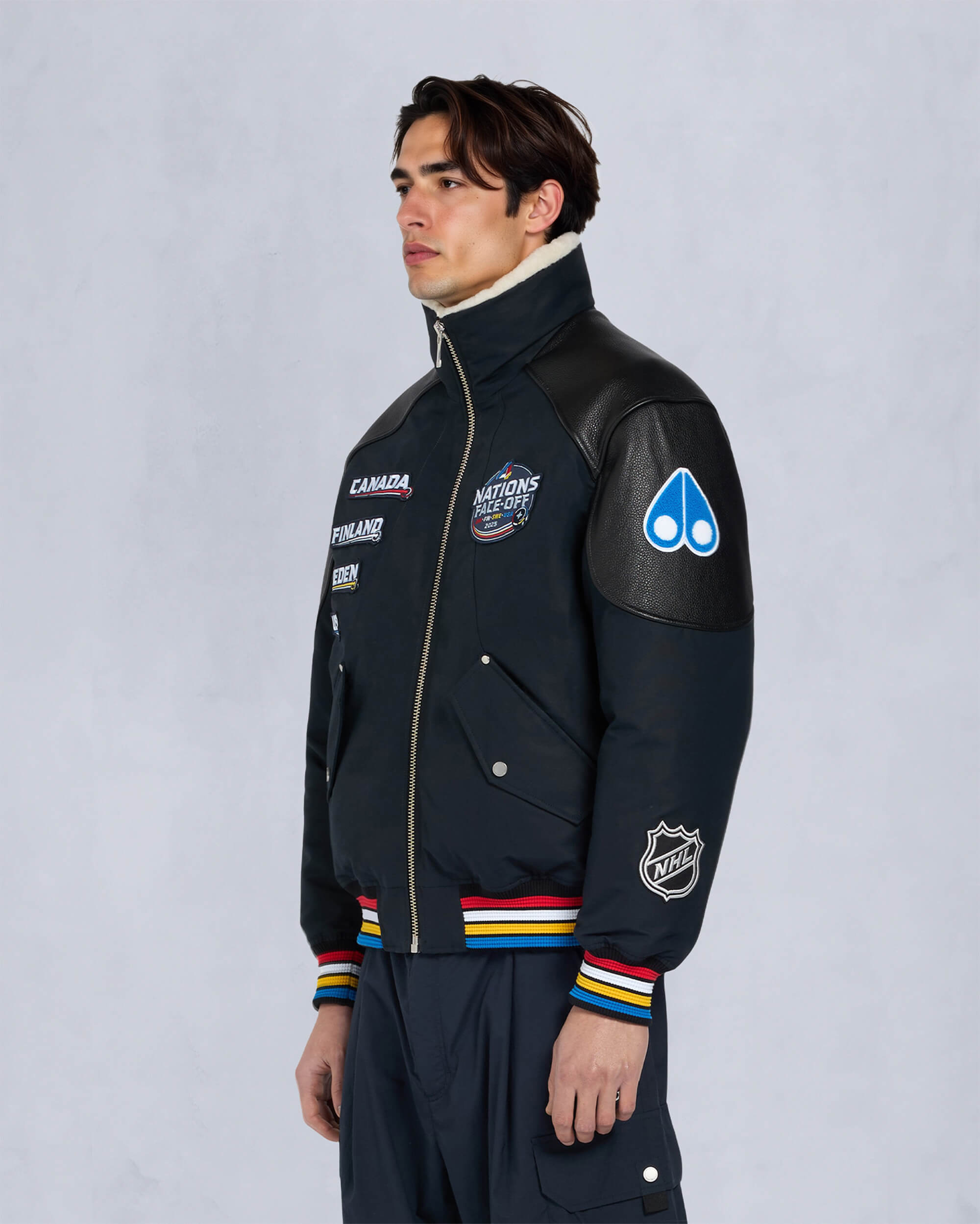 Moose Knuckles Mens MOOSE KNUCKLES x NHL 4 NATIONS FACE-OFF BOMBER JACKET NAVY FN M35MB030FN Detail4