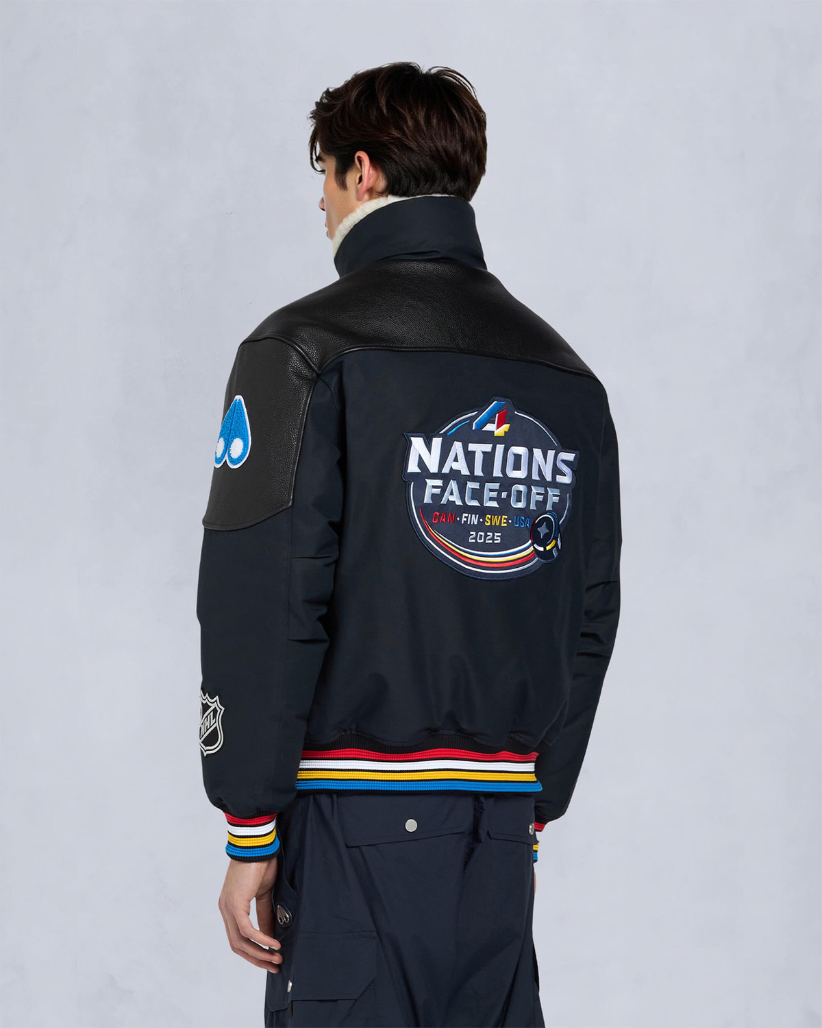 Moose Knuckles Mens MOOSE KNUCKLES x NHL 4 NATIONS FACE-OFF BOMBER JACKET NAVY FN M35MB030FN Detail5