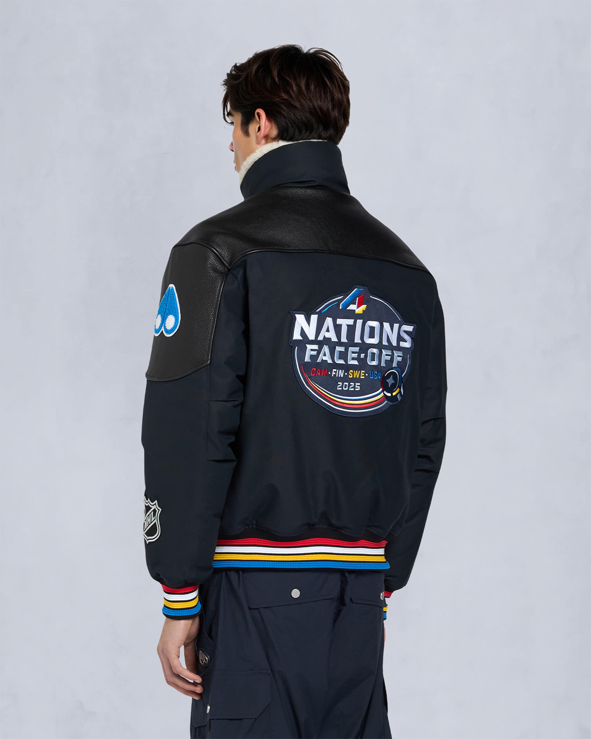 Moose Knuckles Mens MOOSE KNUCKLES x NHL 4 NATIONS FACE-OFF BOMBER JACKET NAVY FN M35MB030FN Detail5