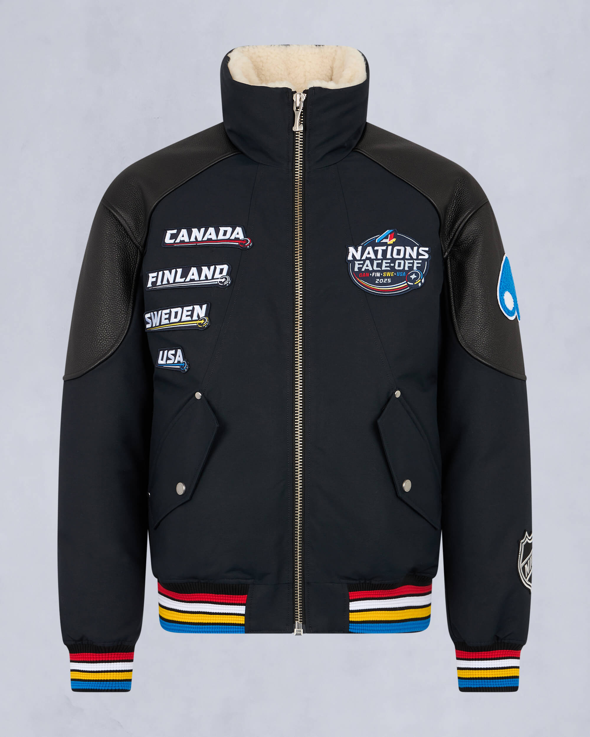 Moose Knuckles Mens MOOSE KNUCKLES x NHL 4 NATIONS FACE-OFF BOMBER JACKET NAVY FN M35MB030FN - GM