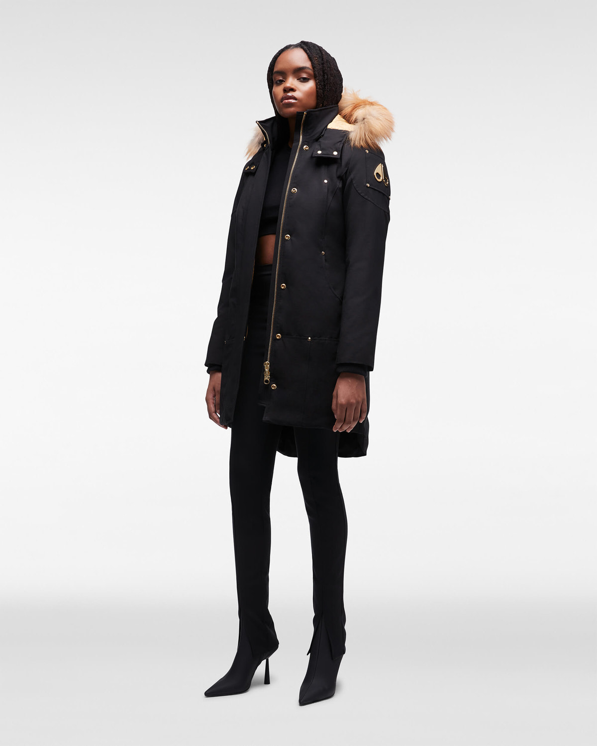 Moose Knuckles - M39LP203GH - Gold Stirling Parka Fur - WOMENS - Black / Gold Fox Fur - Unzipped